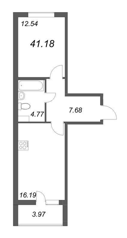 2-комнатная (Евро) квартира, 41.18 м² - планировка, фото №1