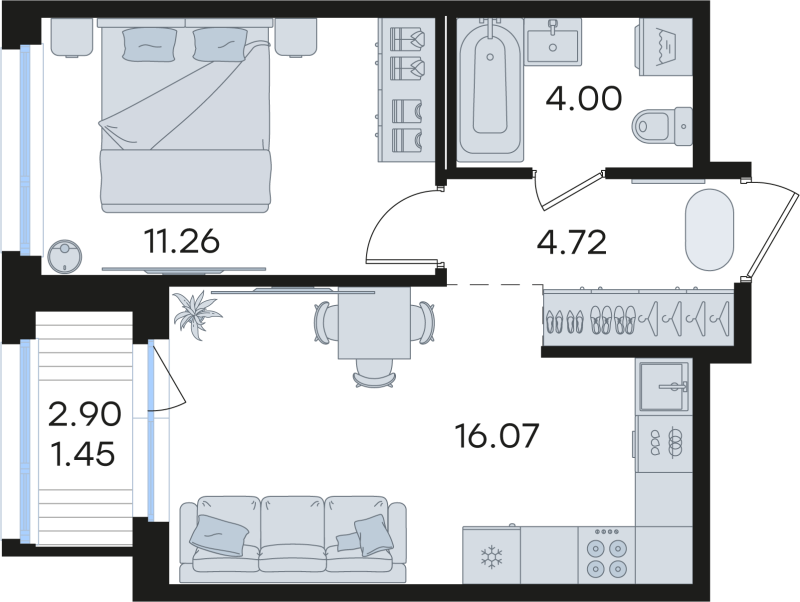2-комнатная (Евро) квартира, 37.5 м² в ЖК "GloraX Парголово" - планировка, фото №1