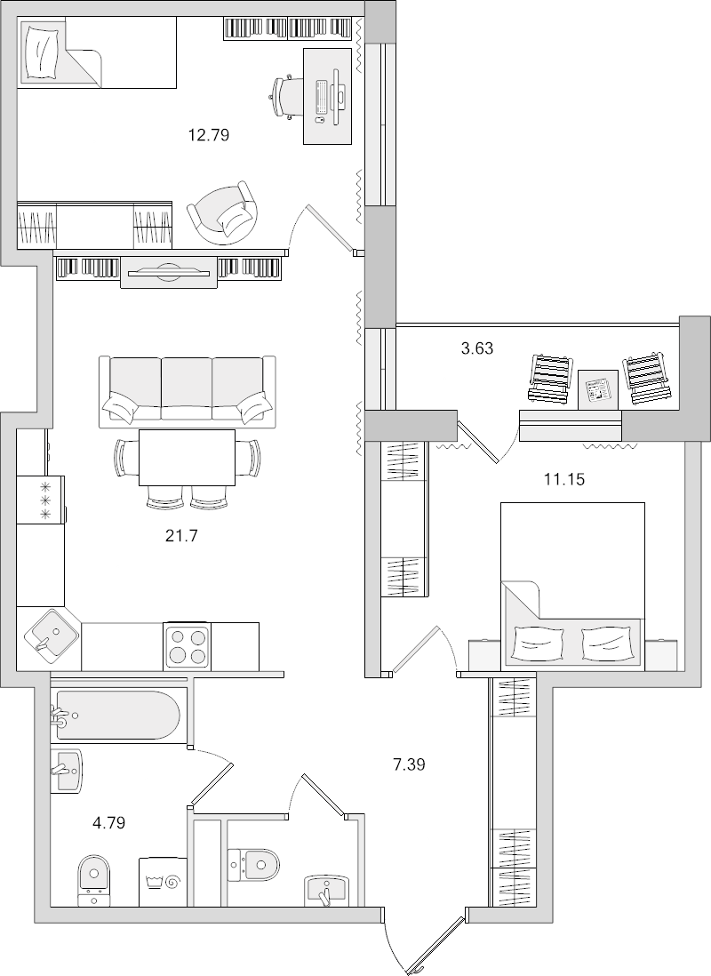 3-комнатная (Евро) квартира, 58.17 м² - планировка, фото №1