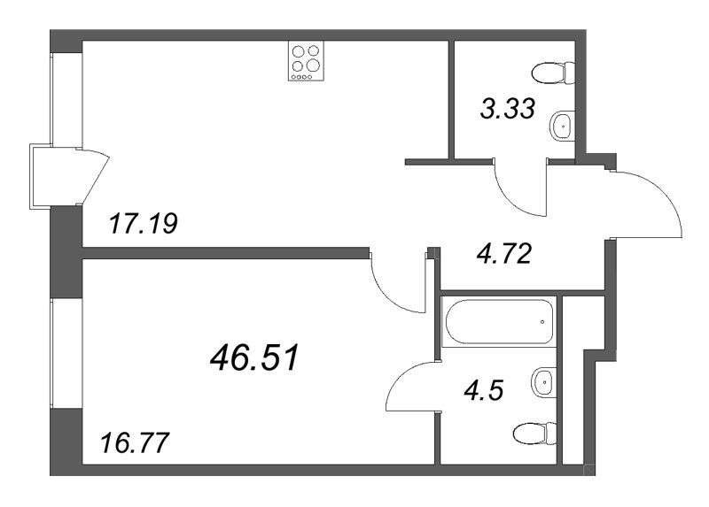 2-комнатная (Евро) квартира, 46.51 м² в ЖК "Avant" - планировка, фото №1