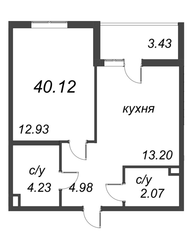 1-комнатная квартира, 40.12 м² - планировка, фото №1