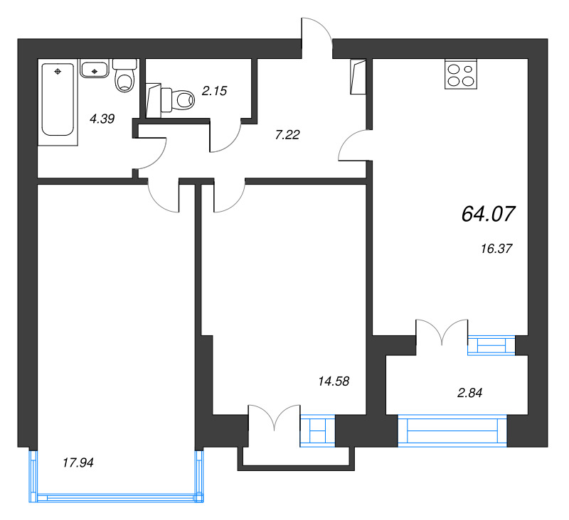 3-комнатная (Евро) квартира, 68.1 м² в ЖК "Наука" - планировка, фото №1