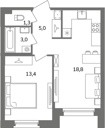 2-комнатная (Евро) квартира, 41.5 м² в ЖК "Антверпен" - планировка, фото №1