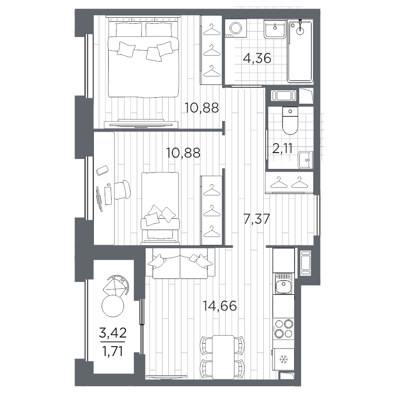 2-комнатная квартира, 51.97 м² в ЖК "Оптимист" - планировка, фото №1