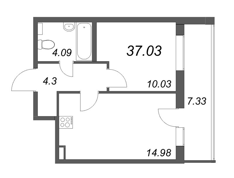 1-комнатная квартира, 37.03 м² в ЖК "Аквилон All in 3.0" - планировка, фото №1