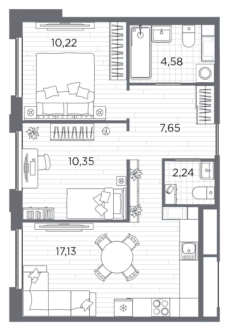 3-комнатная (Евро) квартира, 52.17 м² - планировка, фото №1