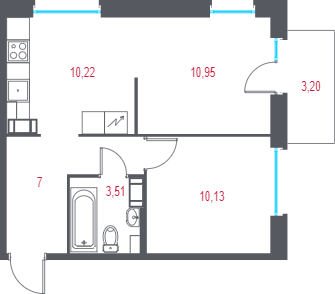 2-комнатная квартира, 42.77 м² в ЖК "Город-спутник Южный" - планировка, фото №1