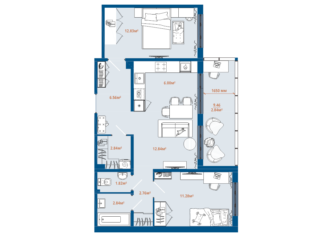 3-комнатная (Евро) квартира, 62.61 м² в ЖК "ЛесАрт" - планировка, фото №1