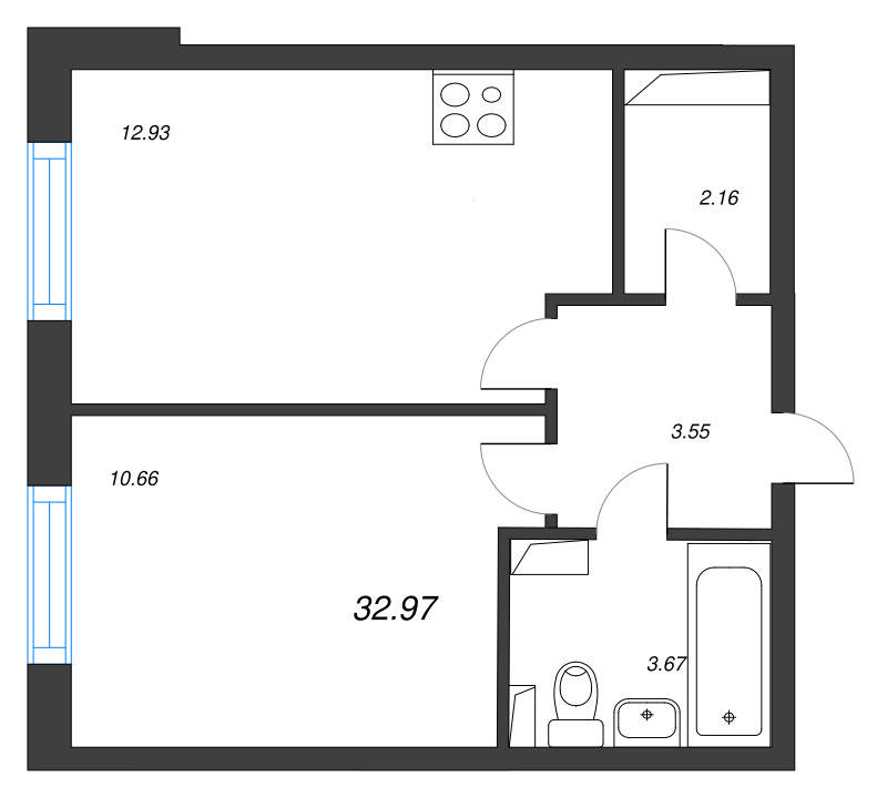 2-комнатная (Евро) квартира, 32.97 м² - планировка, фото №1