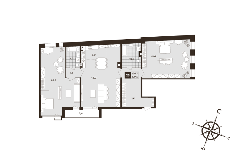4-комнатная (Евро) квартира, 176.7 м² в ЖК "Дом на Бронницкой" - планировка, фото №1