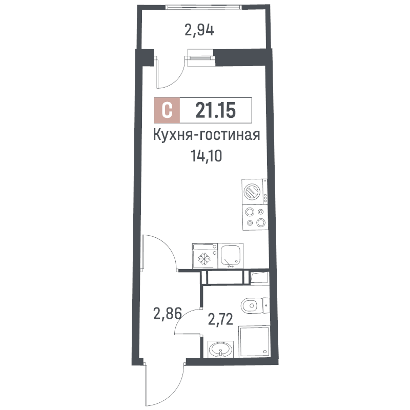 Квартира-студия, 21.15 м² - планировка, фото №1