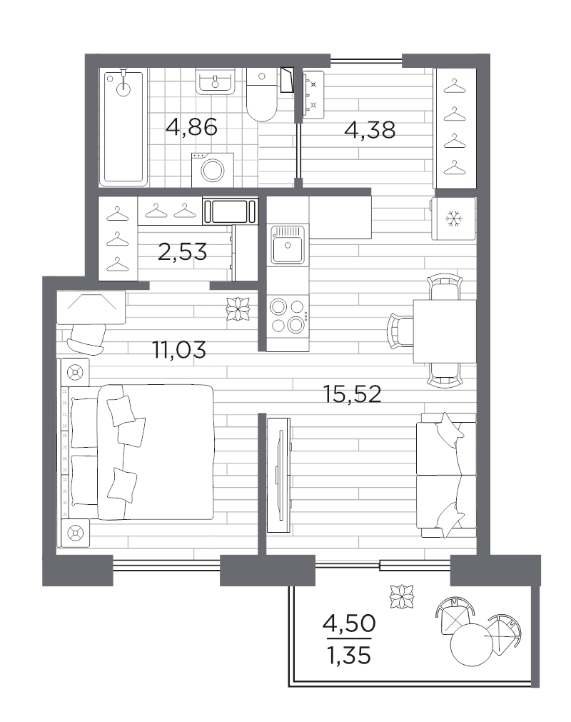 2-комнатная (Евро) квартира, 39.67 м² в ЖК "Сезоны" - планировка, фото №1