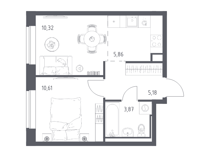 2-комнатная (Евро) квартира, 35.84 м² в ЖК "Живи! В Рыбацком" - планировка, фото №1