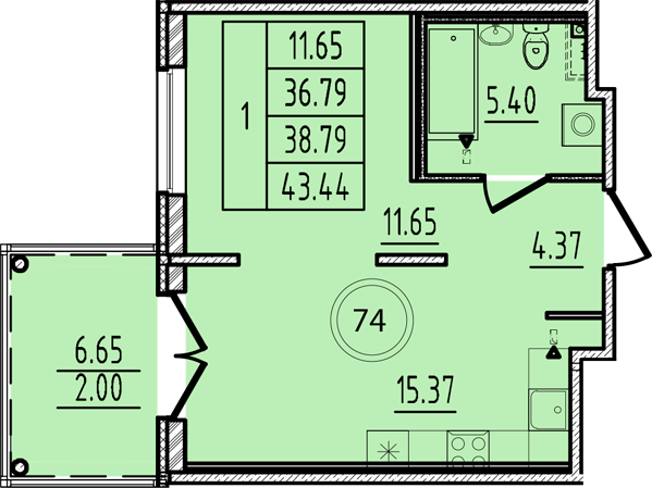 1-комнатная квартира, 36.79 м² в ЖК "Образцовый квартал 14" - планировка, фото №1