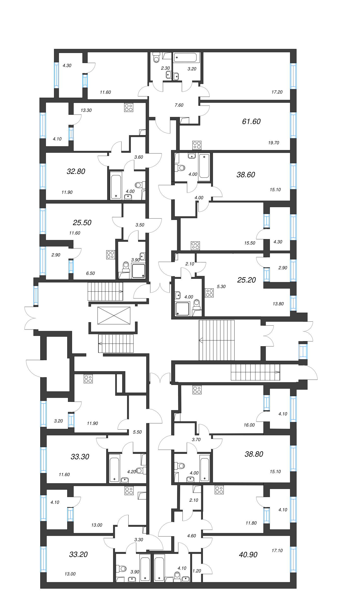 3-комнатная (Евро) квартира, 61.6 м² - планировка этажа