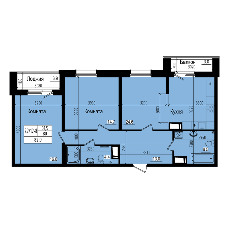 3-комнатная (Евро) квартира, 82.9 м² - планировка, фото №1