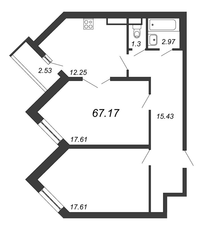 2-комнатная квартира, 67.17 м² в ЖК "Приморский квартал" - планировка, фото №1