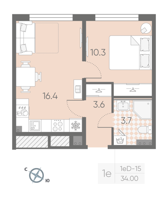 2-комнатная (Евро) квартира, 34 м² в ЖК "Пулково Lake" - планировка, фото №1
