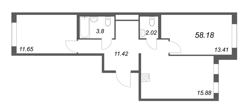 3-комнатная (Евро) квартира, 58.18 м² - планировка, фото №1