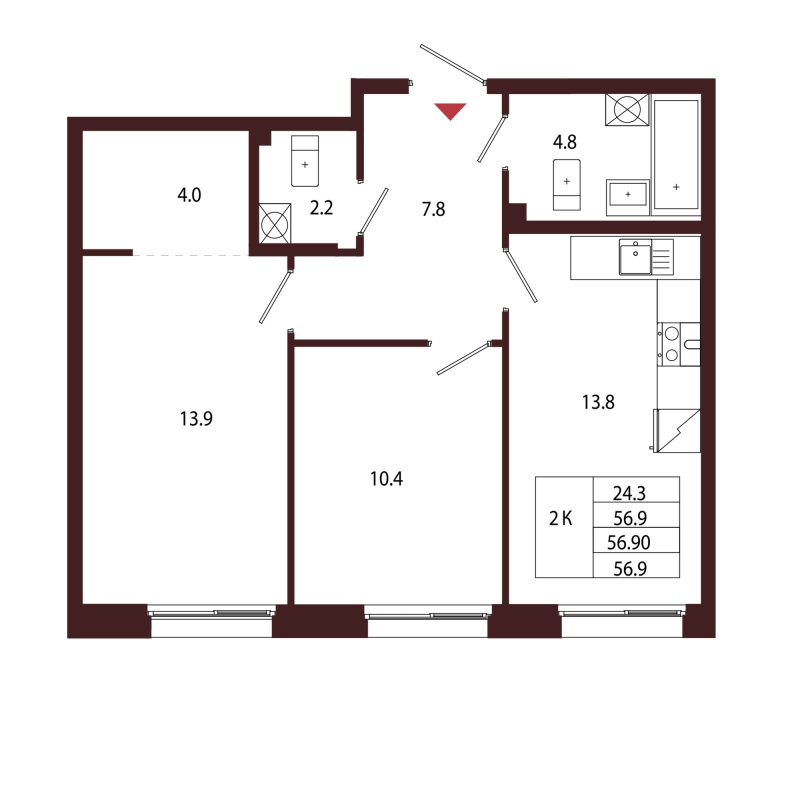 2-комнатная квартира, 56.9 м² в ЖК "Лисино" - планировка, фото №1