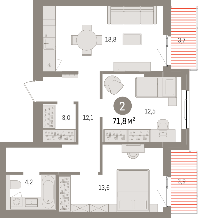 3-комнатная (Евро) квартира, 71.8 м² в ЖК "Брусника в Новоселье" - планировка, фото №1