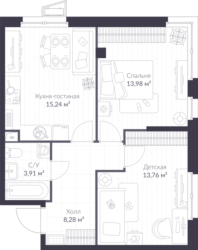 2-комнатная квартира, 55.17 м² в ЖК "VEREN NORT сертолово" - планировка, фото №1