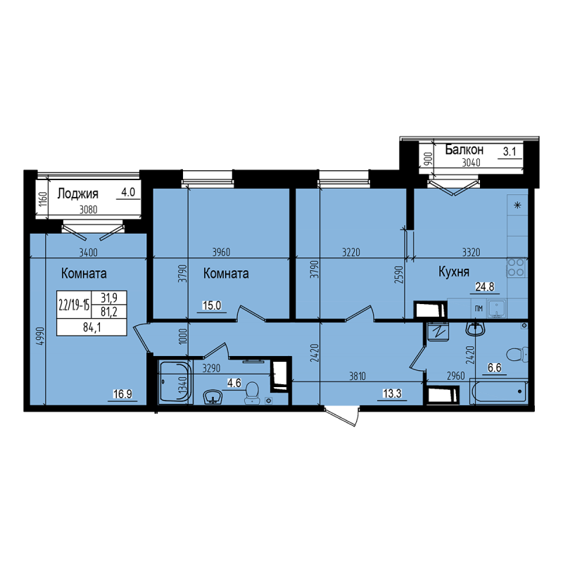 3-комнатная (Евро) квартира, 84.1 м² - планировка, фото №1
