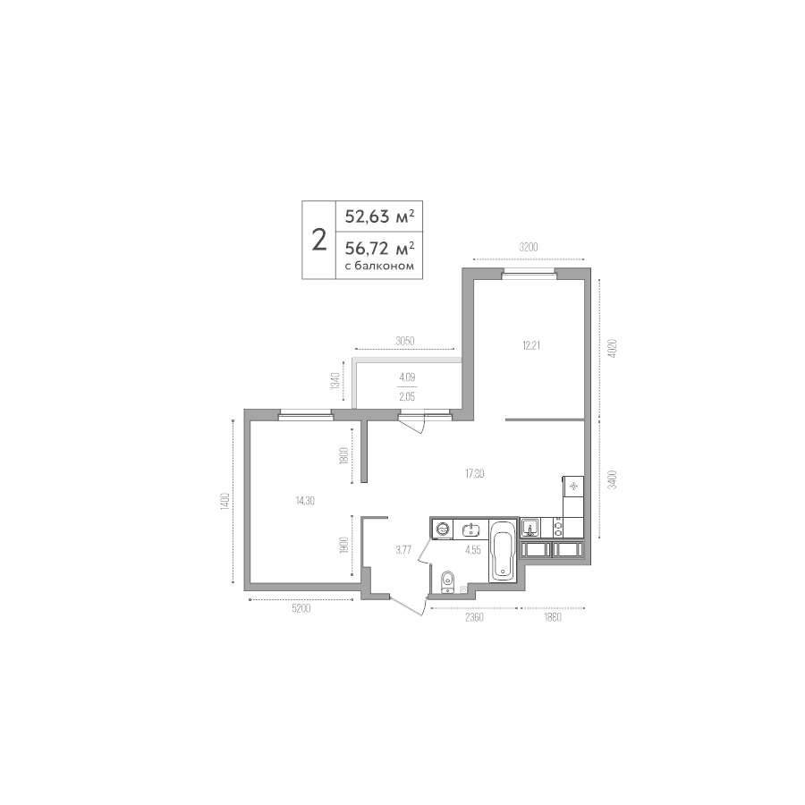 3-комнатная (Евро) квартира, 52.63 м² в ЖК "Simple" - планировка, фото №1