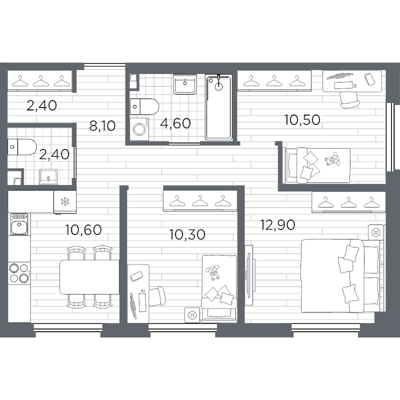 3-комнатная квартира, 61.8 м² в ЖК "PLUS Пулковский" - планировка, фото №1