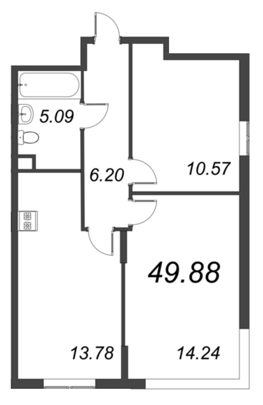 2-комнатная квартира, 49.88 м² - планировка, фото №1
