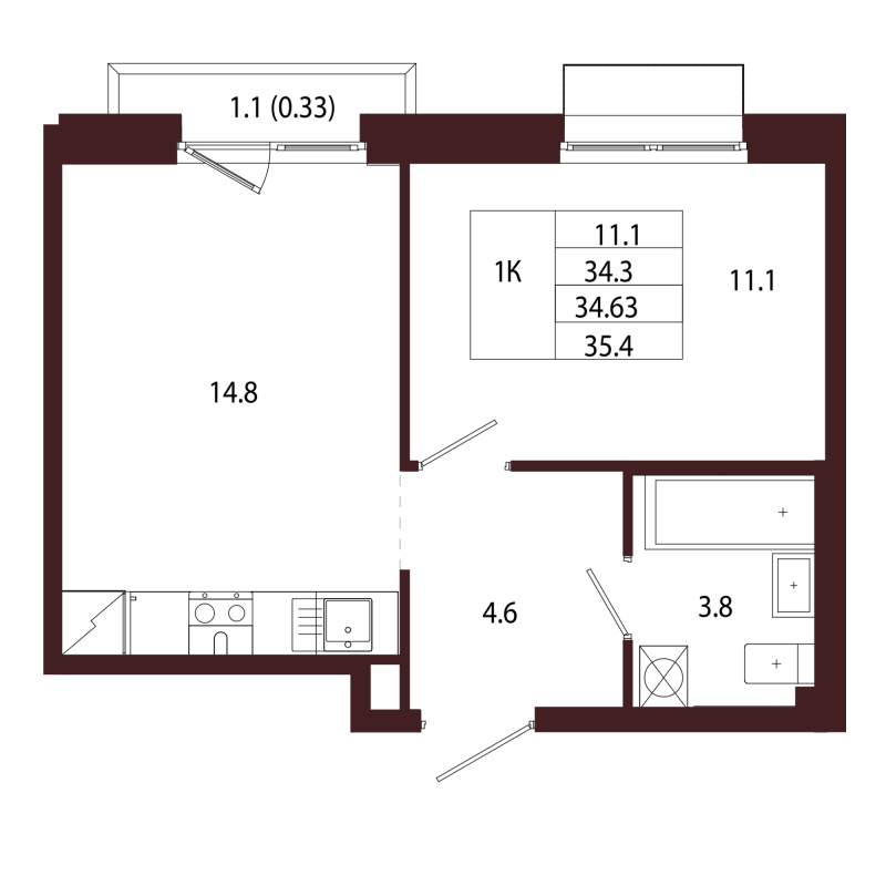 1-комнатная квартира, 34.63 м² в ЖК "Лисино" - планировка, фото №1