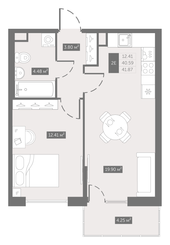 1-комнатная квартира, 41.87 м² - планировка, фото №1