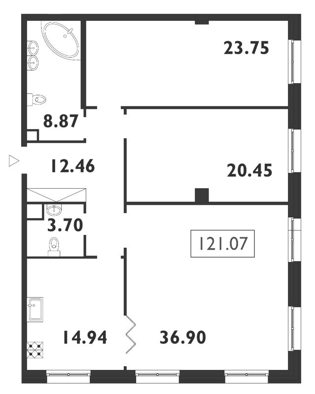 3-комнатная квартира, 121.2 м² - планировка, фото №1