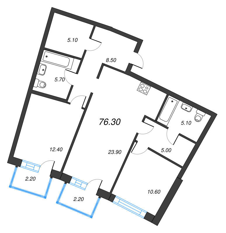 3-комнатная (Евро) квартира, 76.3 м² в ЖК "Цвет Зеленогорска" - планировка, фото №1