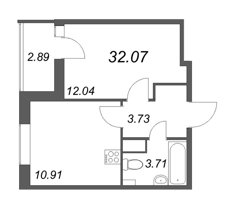 1-комнатная квартира, 32.07 м² в ЖК "Аквилон All in 3.0" - планировка, фото №1