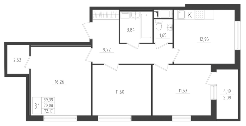 3-комнатная квартира, 72.17 м² - планировка, фото №1