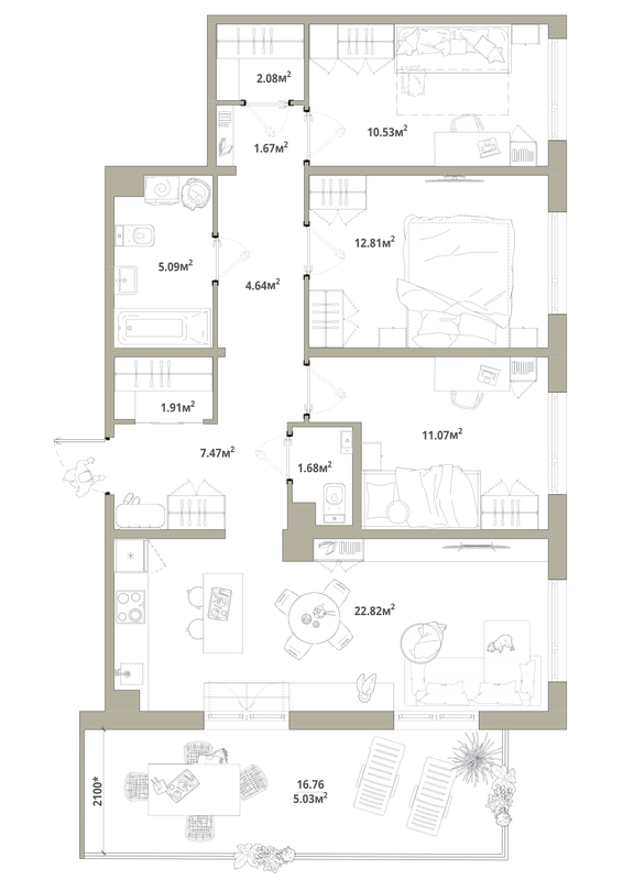 4-комнатная (Евро) квартира, 86.8 м² в ЖК "Тишин" - планировка, фото №1