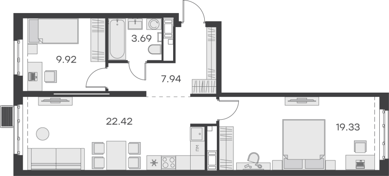 3-комнатная (Евро) квартира, 63.3 м² в ЖК "GloraX Балтийская" - планировка, фото №1