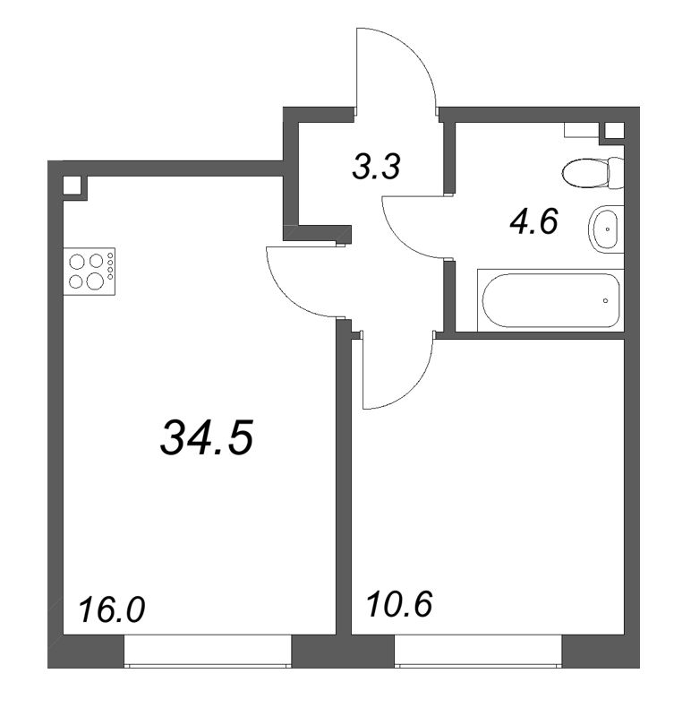 2-комнатная (Евро) квартира, 34.5 м² в ЖК "Пулково Lake" - планировка, фото №1