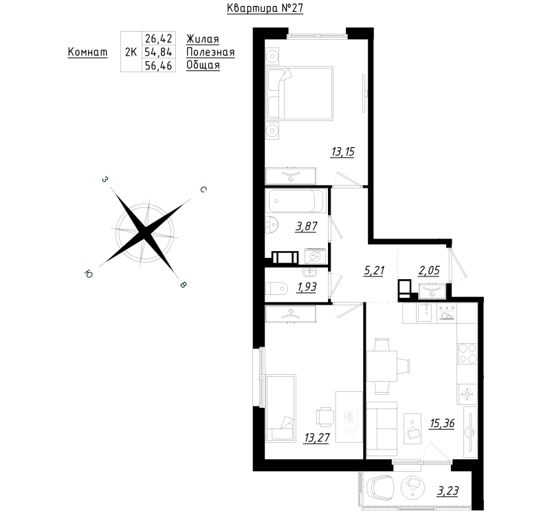 3-комнатная (Евро) квартира, 56.71 м² в ЖК "Счастье 2.0" - планировка, фото №1