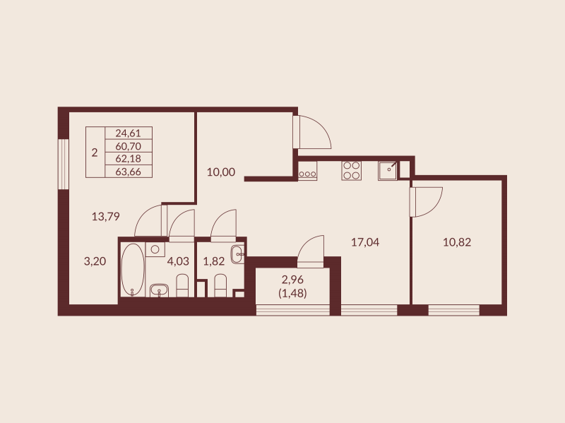 3-комнатная (Евро) квартира, 62.18 м² в ЖК "Амурино" - планировка, фото №1