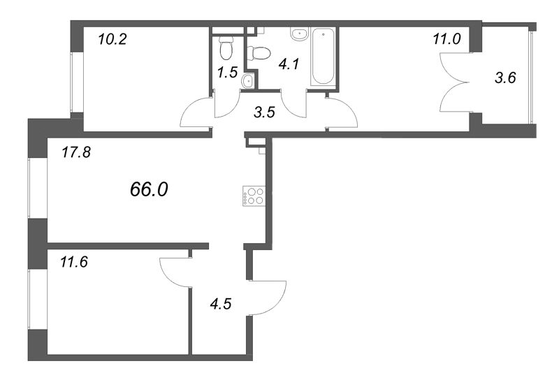 4-комнатная (Евро) квартира, 66 м² в ЖК "Пулково Лейк" - планировка, фото №1