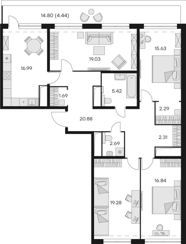 4-комнатная квартира, 127.49 м² - планировка, фото №1