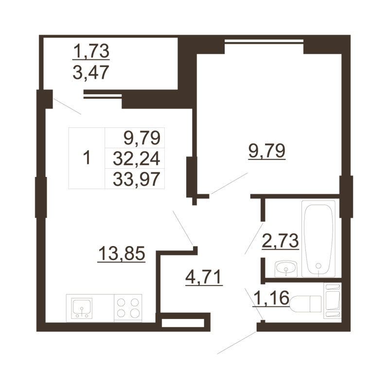 1-комнатная квартира, 33.97 м² в ЖК "Рубеж" - планировка, фото №1