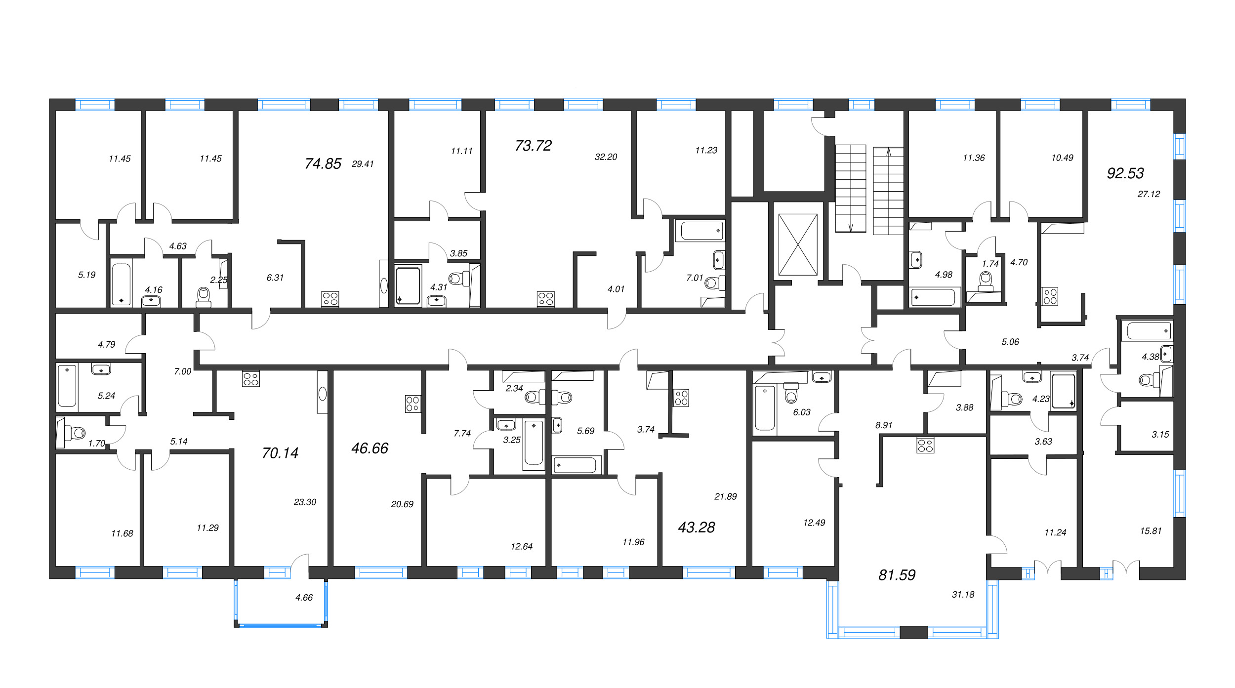 2-комнатная (Евро) квартира, 46.66 м² в ЖК "Черная речка, 41" - планировка этажа