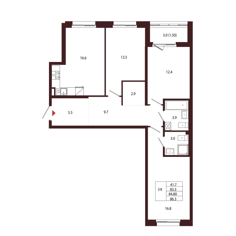 4-комнатная (Евро) квартира, 84.8 м² в ЖК "Лисино" - планировка, фото №1