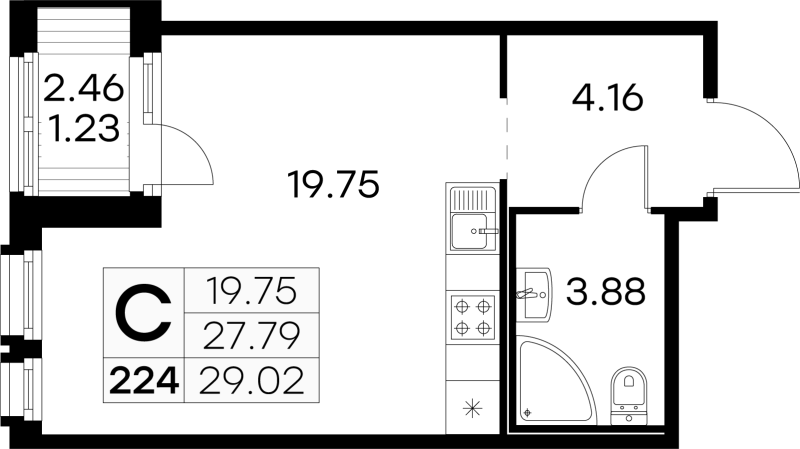 Квартира-студия, 29.02 м² в ЖК "GloraX Парголово" - планировка, фото №1