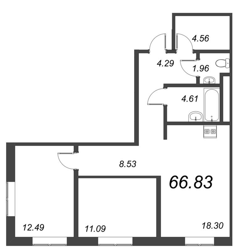 3-комнатная (Евро) квартира, 71.7 м² - планировка, фото №1