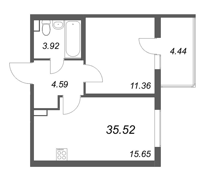 2-комнатная (Евро) квартира, 35.52 м² - планировка, фото №1