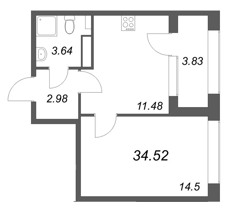 1-комнатная квартира, 34.52 м² в ЖК "Аурум" - планировка, фото №1